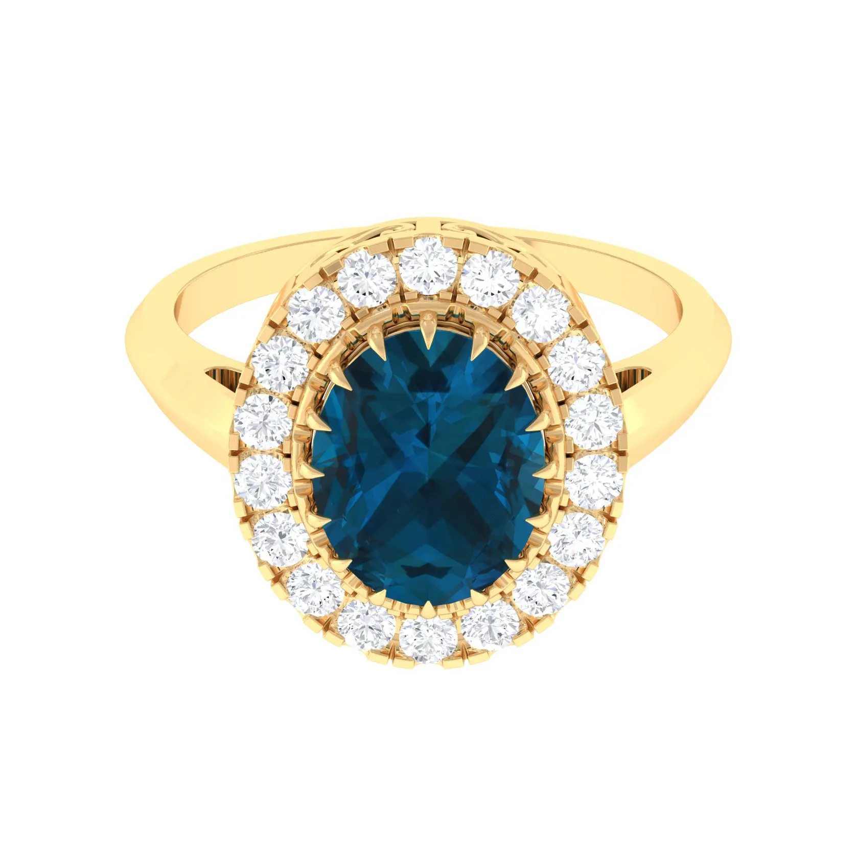 3.50 CT Vintage Claw Set London Blue Topaz Engagement Ring with Diamond Halo