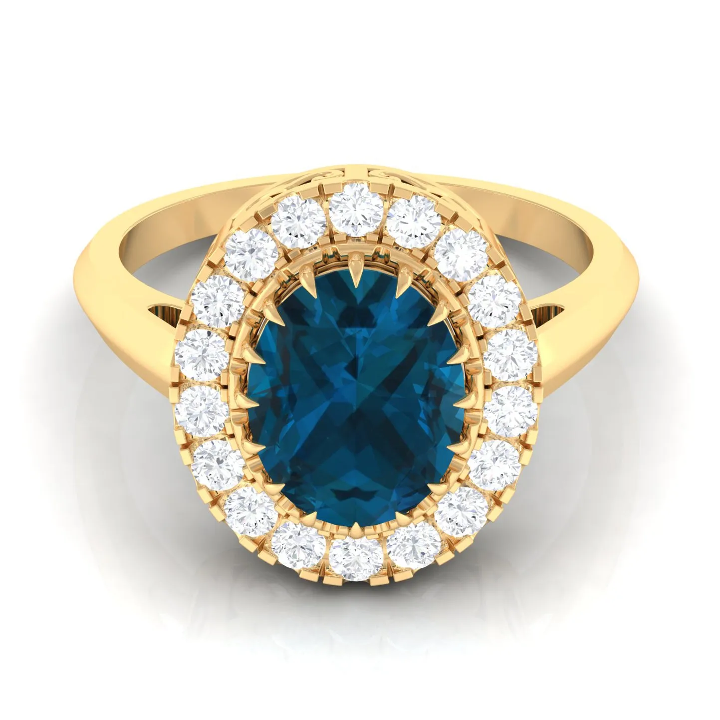 3.50 CT Vintage Claw Set London Blue Topaz Engagement Ring with Diamond Halo