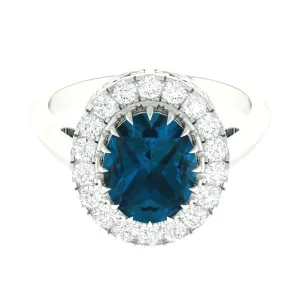 3.50 CT Vintage Claw Set London Blue Topaz Engagement Ring with Diamond Halo