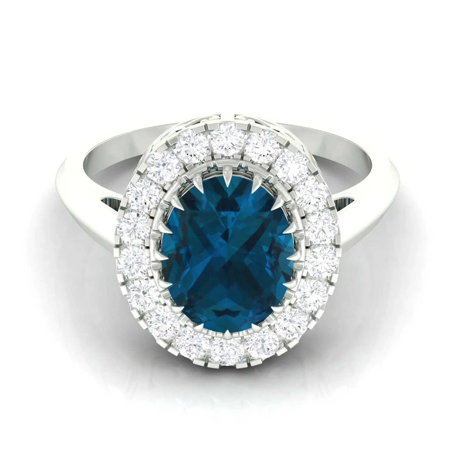 3.50 CT Vintage Claw Set London Blue Topaz Engagement Ring with Diamond Halo