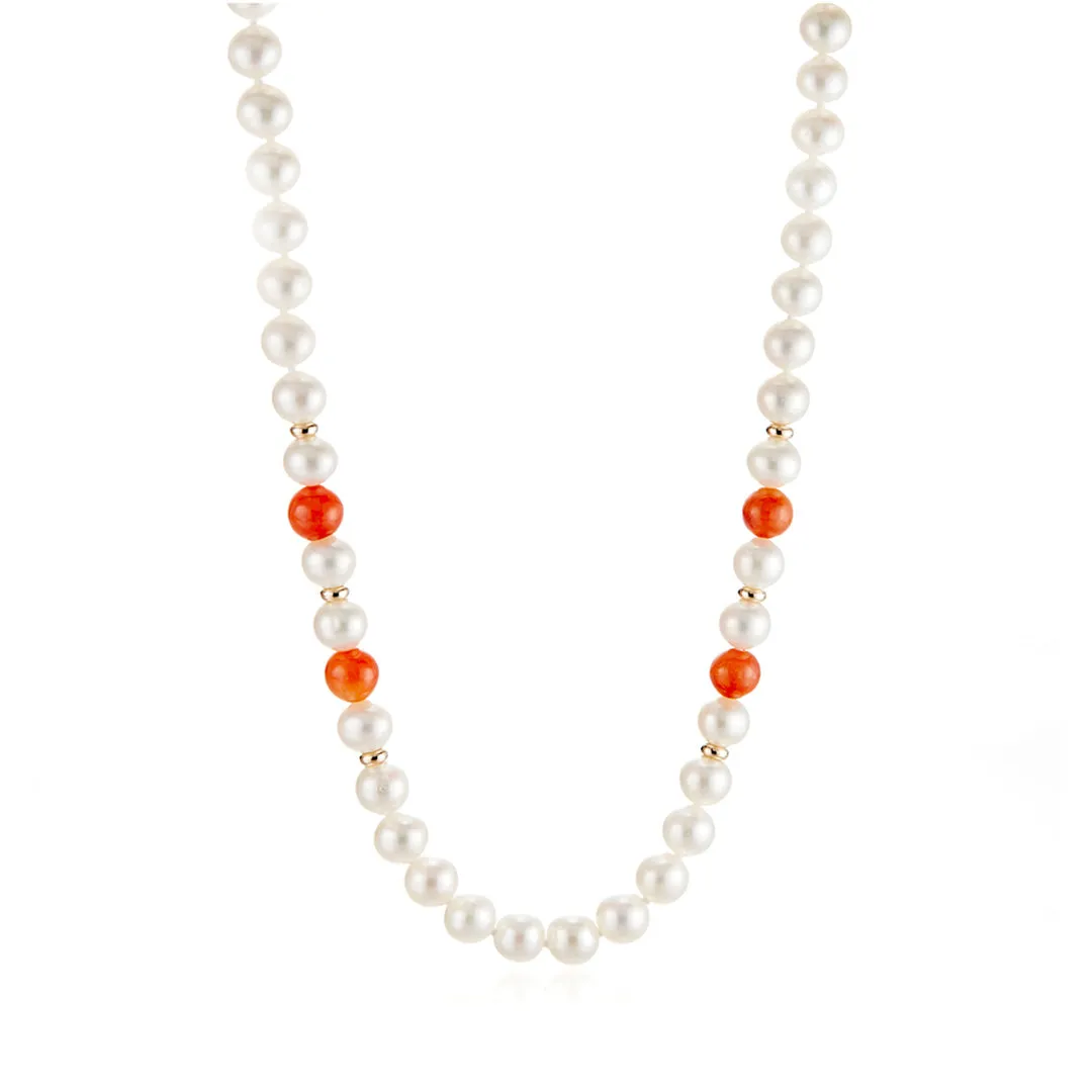6mm Pearl & Red Jade Bead Station Rope Necklace