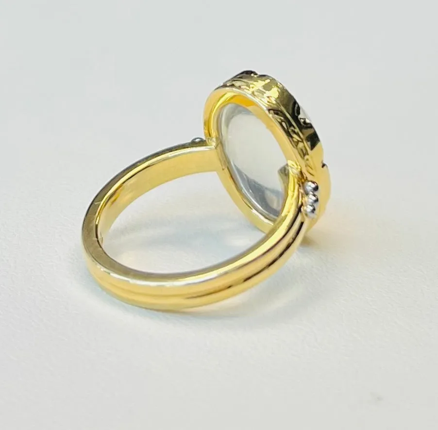 8.70 Carat Oval Blue Flash Moonstone, Yellow Gold, Palladium Dome Ring
