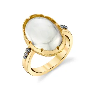 8.70 Carat Oval Blue Flash Moonstone, Yellow Gold, Palladium Dome Ring