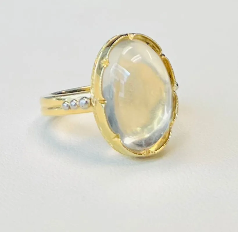 8.70 Carat Oval Blue Flash Moonstone, Yellow Gold, Palladium Dome Ring