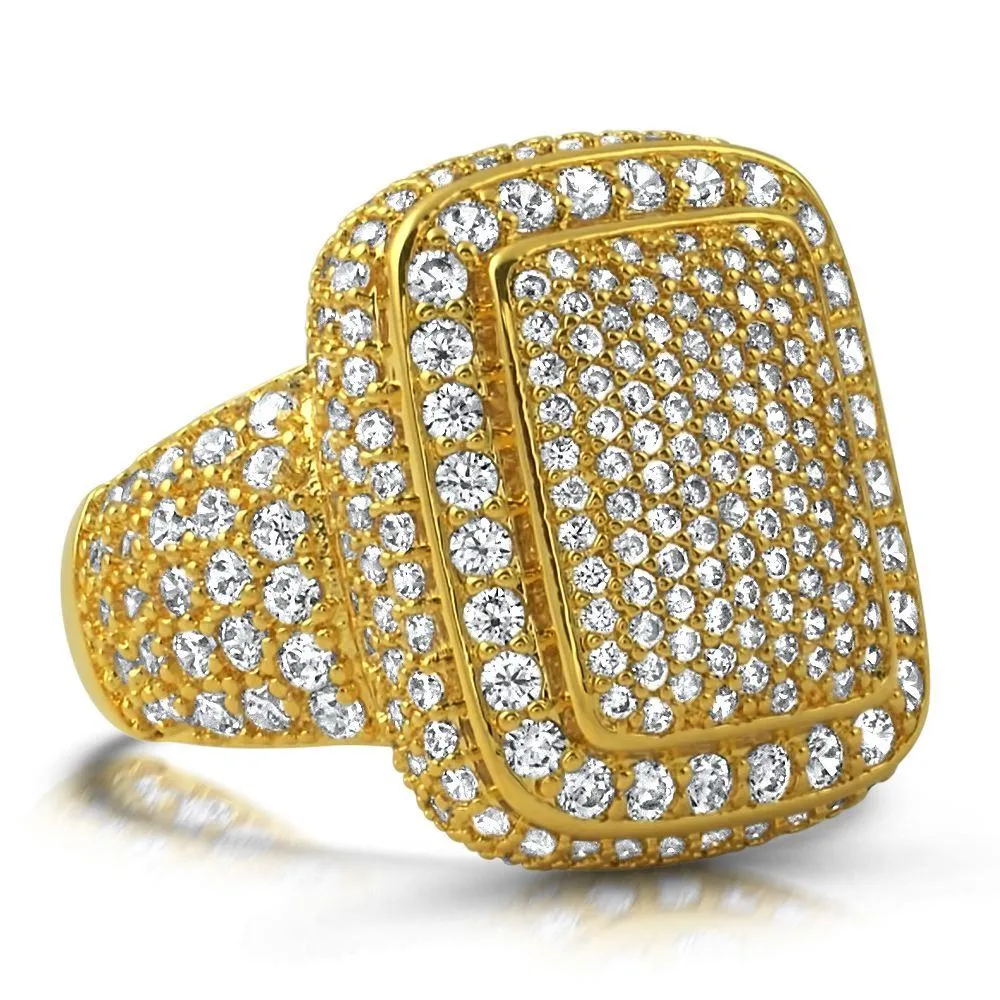 .925 Silver Cocktail Chunky Ice Bling Bling CZ Mens Ring in Gold