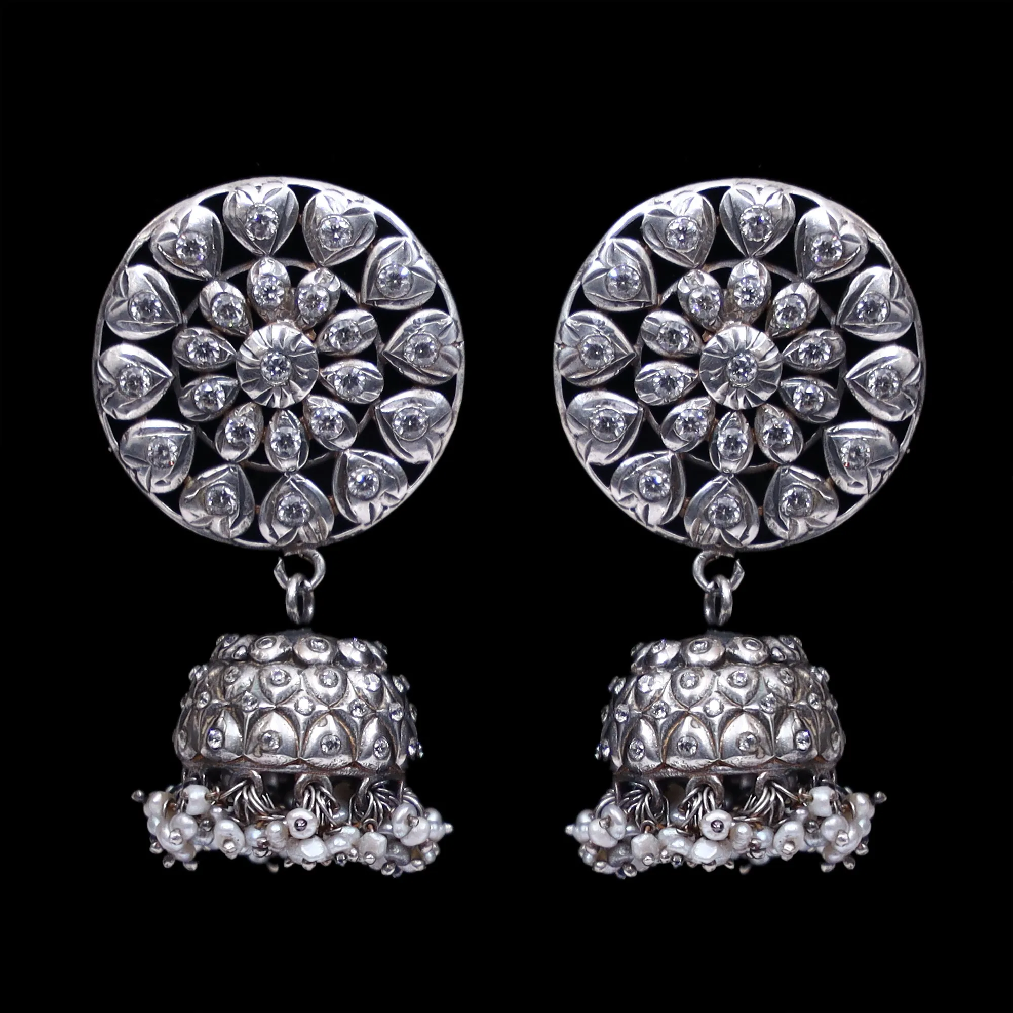 925 Silver Handmade Earring With Zircon and Silver Ball Hanging Jhumki