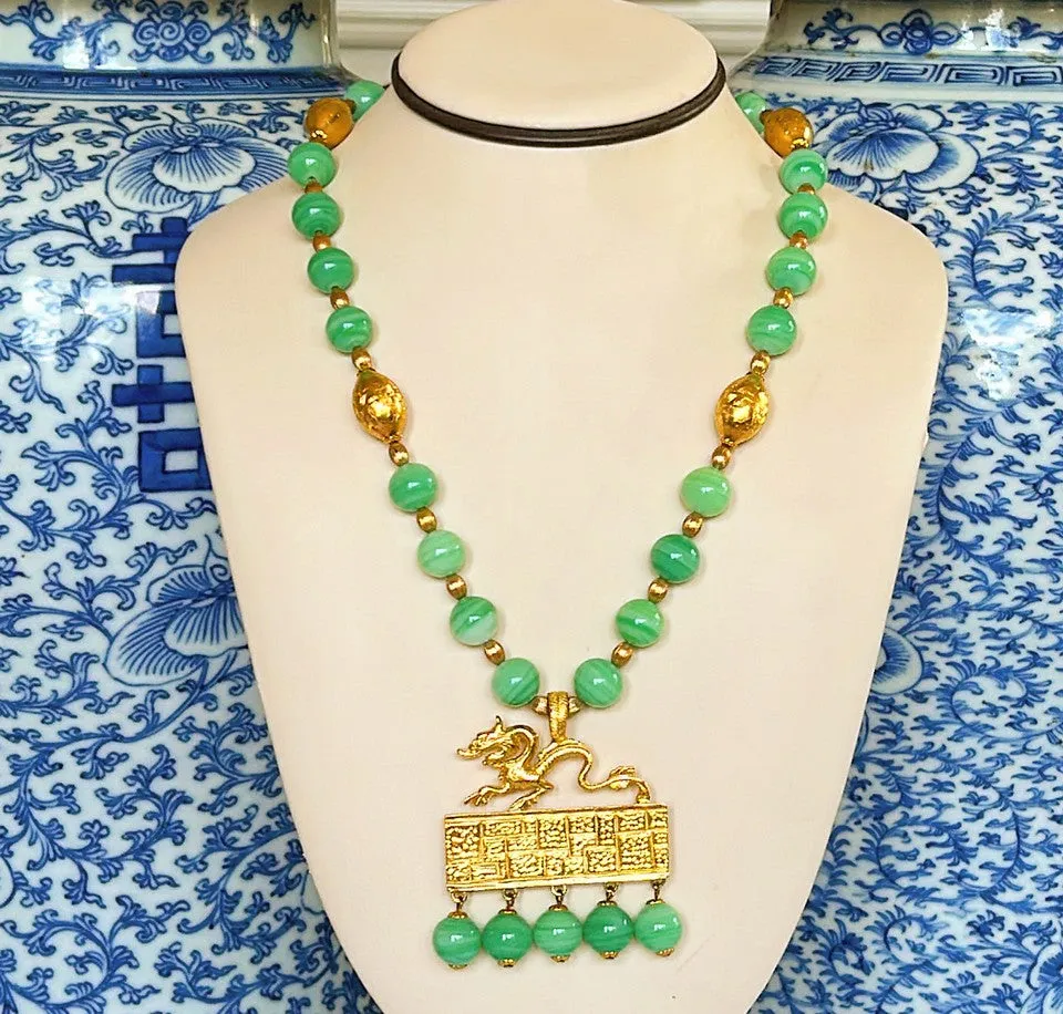 Amazing rare signed vintage Kenneth Lane statement necklace with jade beads & large scale chinoiserie style dragon pendant with dangling jade beads