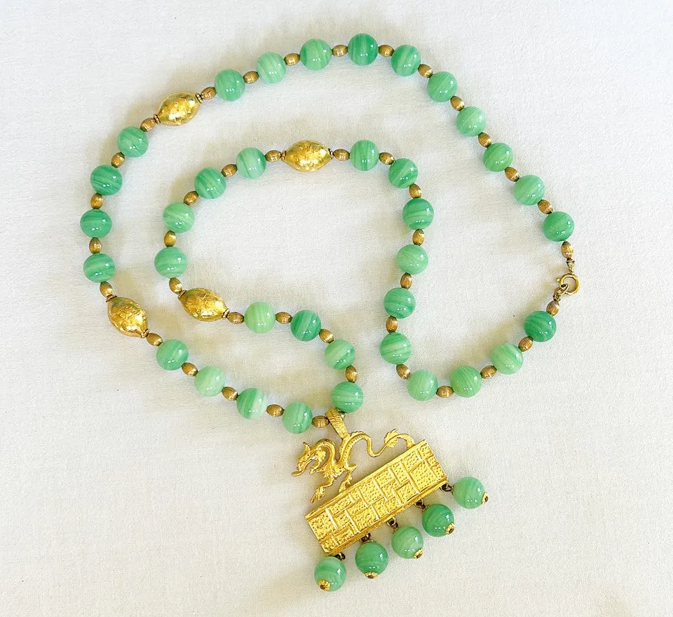 Amazing rare signed vintage Kenneth Lane statement necklace with jade beads & large scale chinoiserie style dragon pendant with dangling jade beads