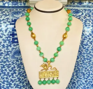 Amazing rare signed vintage Kenneth Lane statement necklace with jade beads & large scale chinoiserie style dragon pendant with dangling jade beads