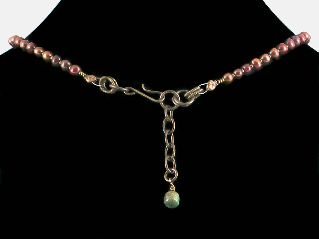 Amethyst cabochon choker necklace with cranberry pearl & turquoise (Web-51)