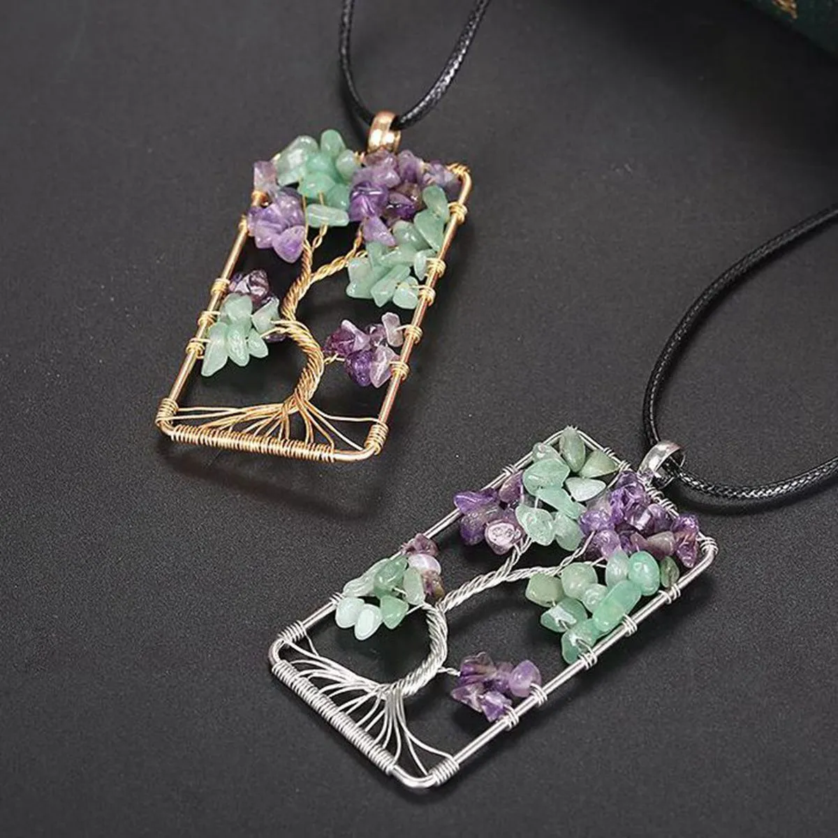 Amethysts Gravel Tree Of Life Pendant Necklaces