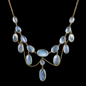 Antique Victorian Moonstone Festoon Necklace 15Ct Gold Circa 1900
