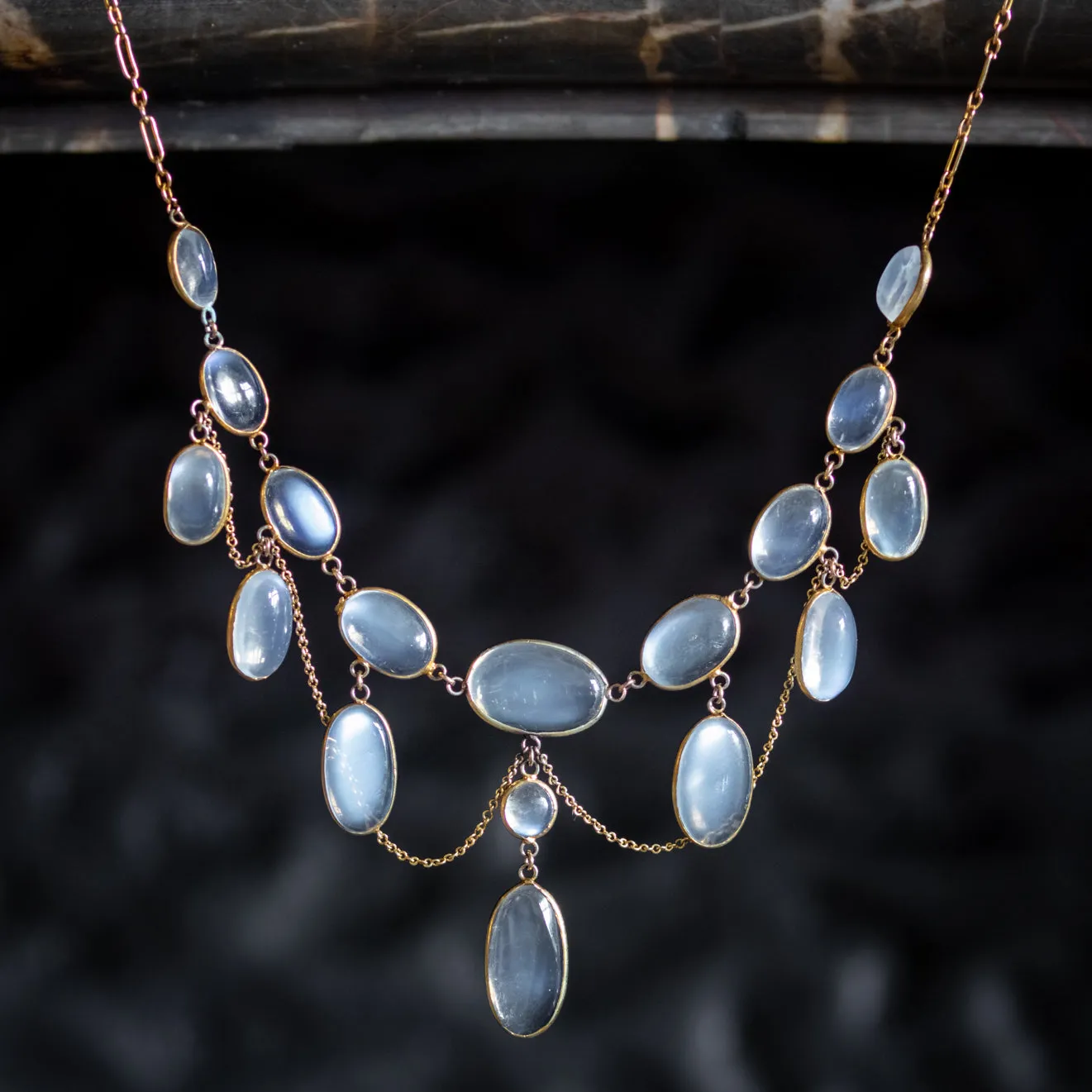 Antique Victorian Moonstone Festoon Necklace 15Ct Gold Circa 1900