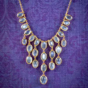 Antique Victorian Moonstone Garland Necklace Silver Gold Gilt Circa 1900