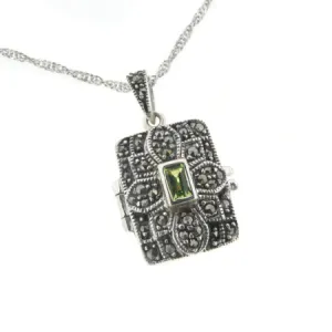 Antiqued Marcasite and Peridot Photo Locket Pendant Sterling Silver with 18" Chain Necklace