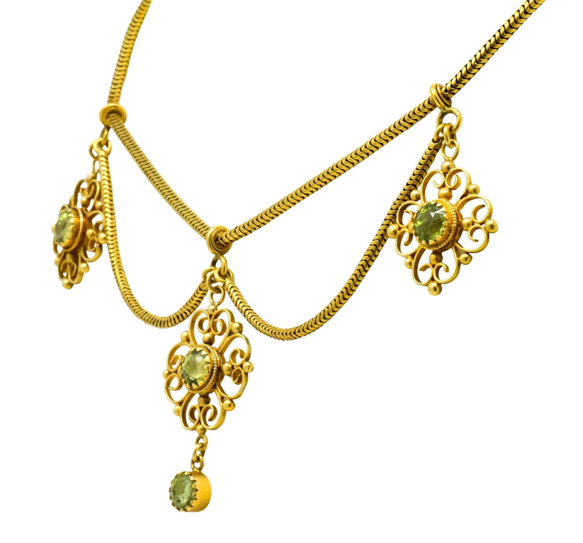 Art Nouveau 8.50 CTW Peridot 14 Karat Gold Swag Necklace