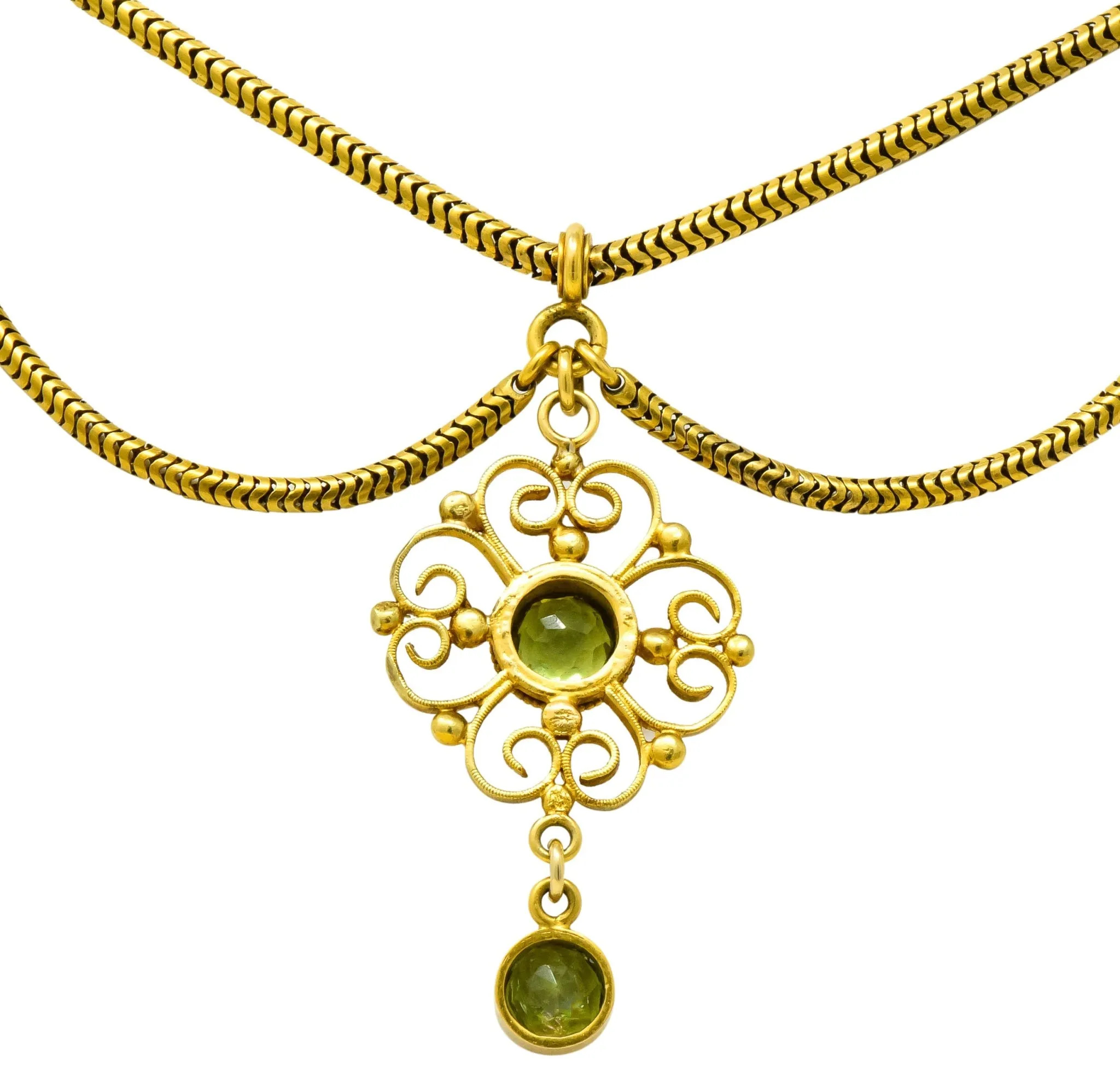 Art Nouveau 8.50 CTW Peridot 14 Karat Gold Swag Necklace