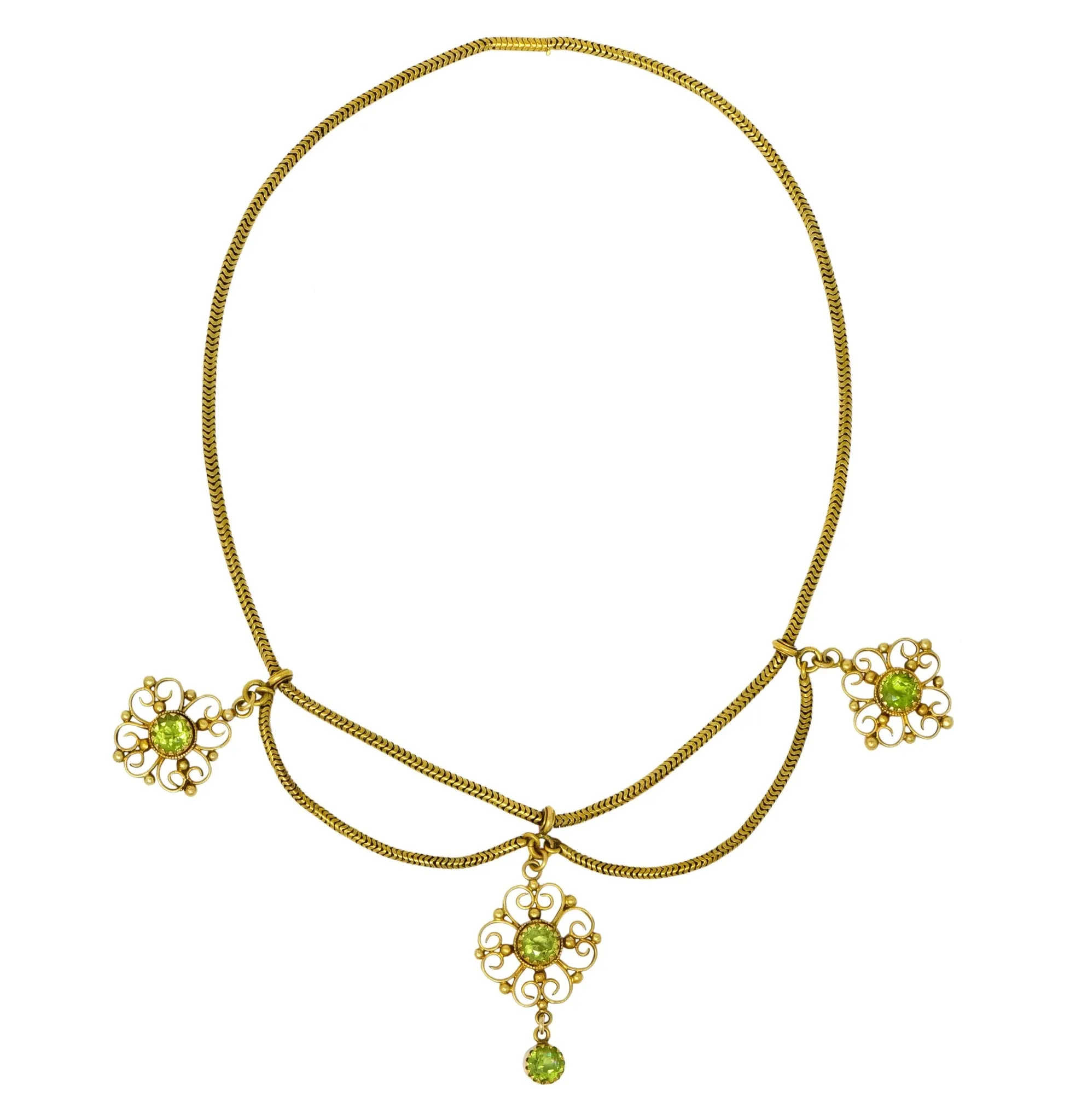 Art Nouveau 8.50 CTW Peridot 14 Karat Gold Swag Necklace