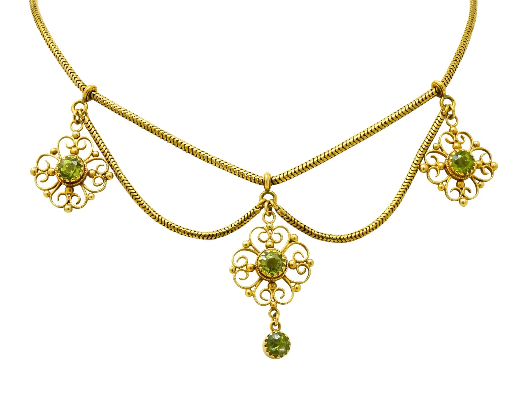Art Nouveau 8.50 CTW Peridot 14 Karat Gold Swag Necklace