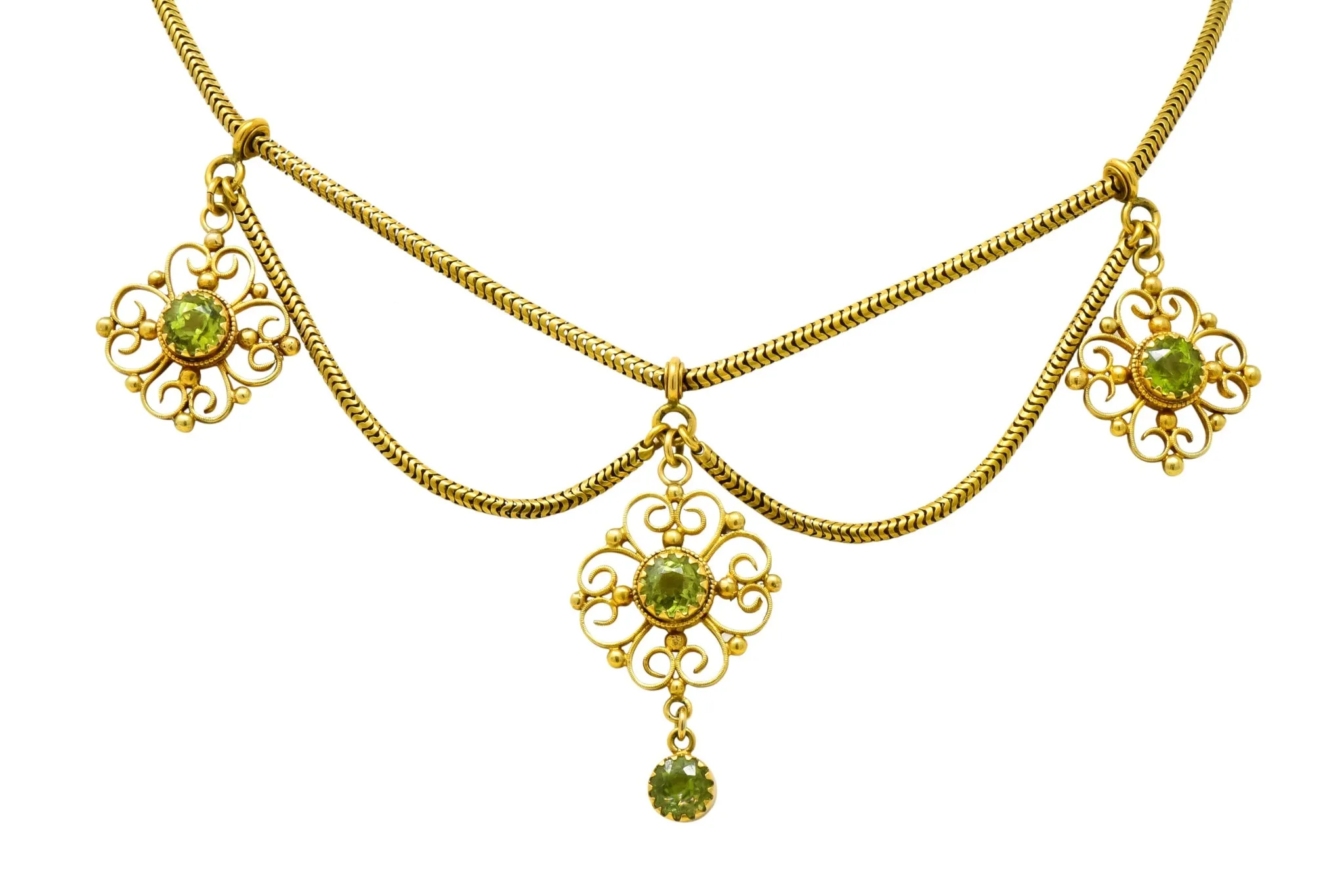 Art Nouveau 8.50 CTW Peridot 14 Karat Gold Swag Necklace