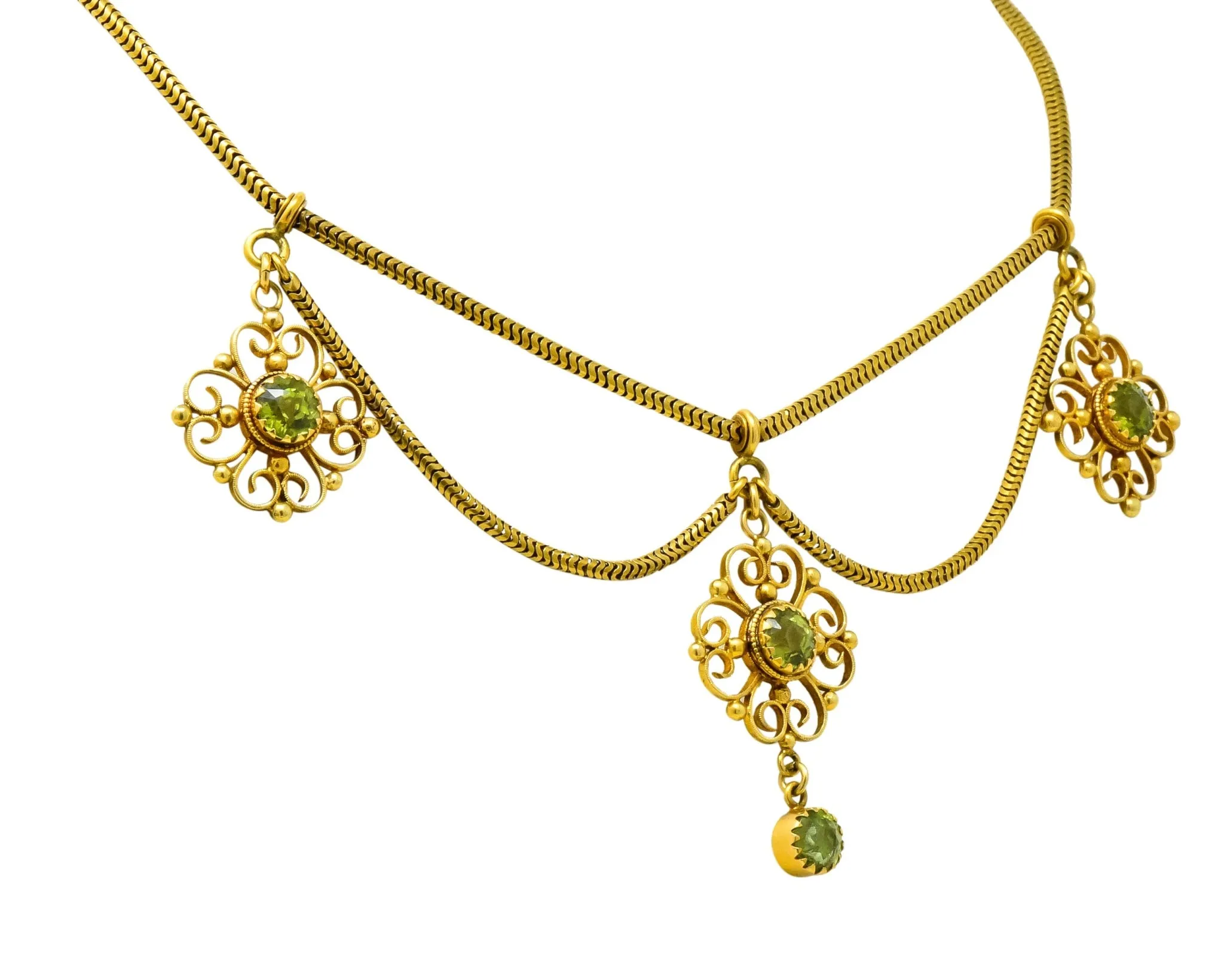 Art Nouveau 8.50 CTW Peridot 14 Karat Gold Swag Necklace