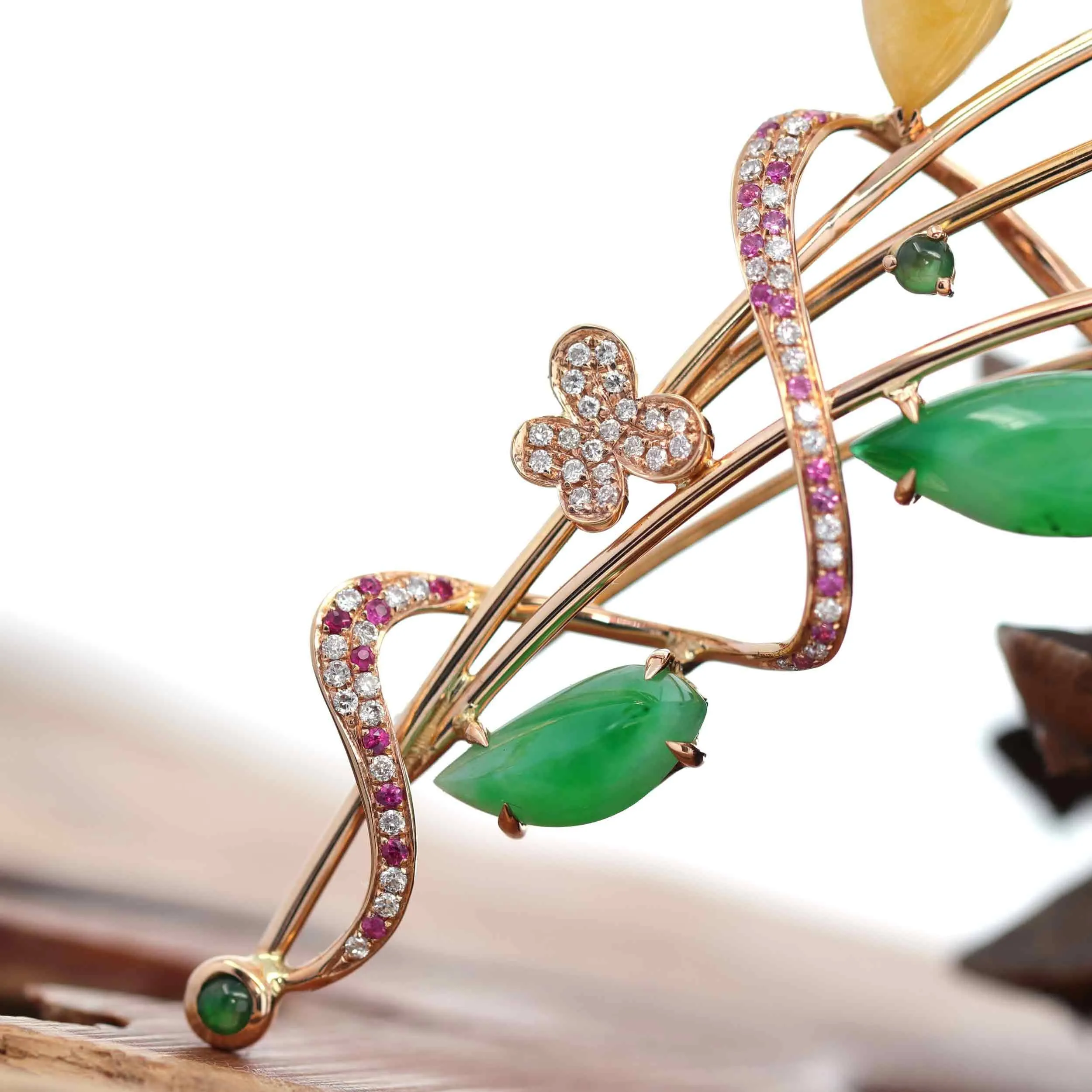 Baikalla High-End 18K Rose Gold Genuine Imperial Jadeite Jade Pendant & Brooch with Diamonds
