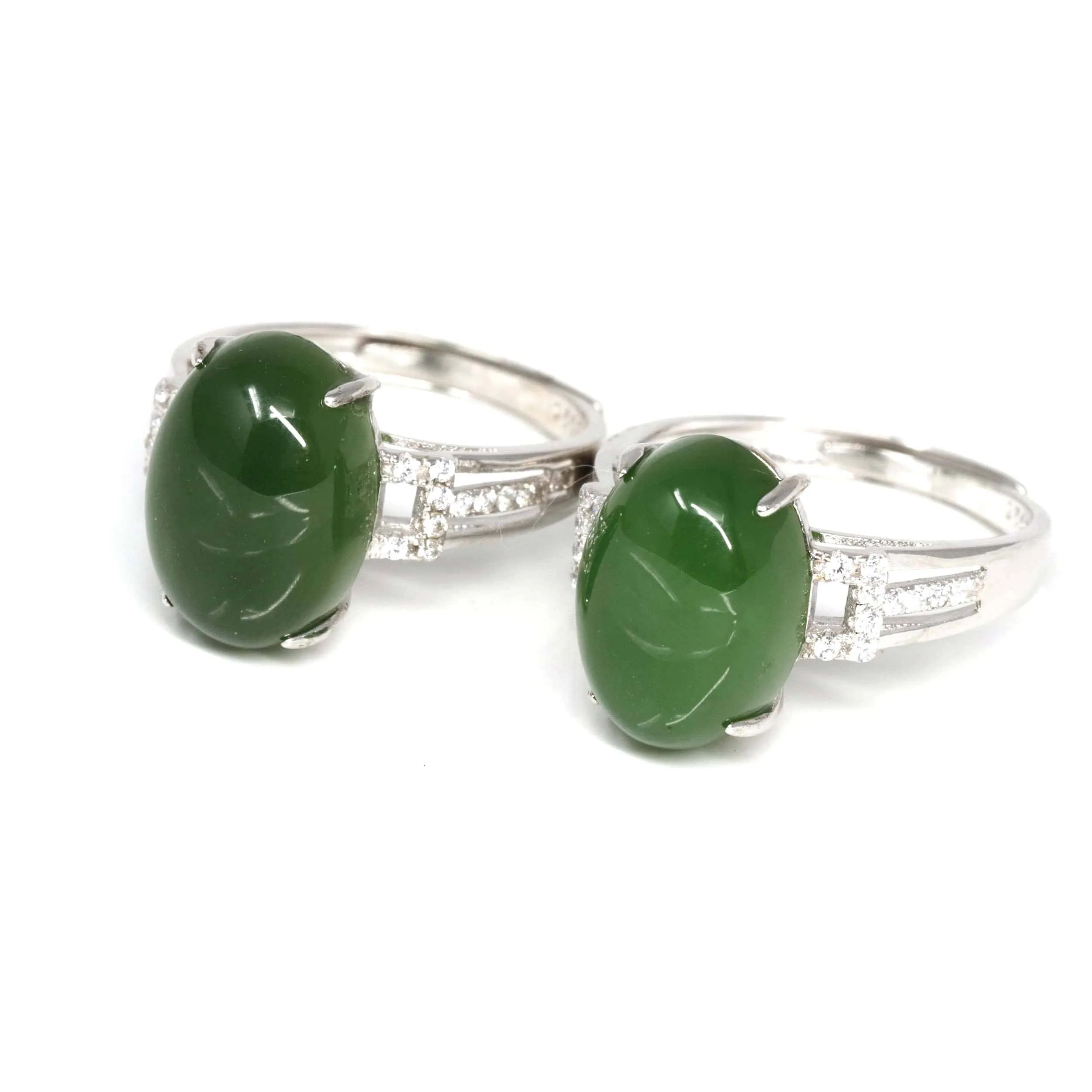 Baikalla™ "Classic Oval With Accents" Sterling Silver Real Green Nephrite Jade Classic Ring For Her