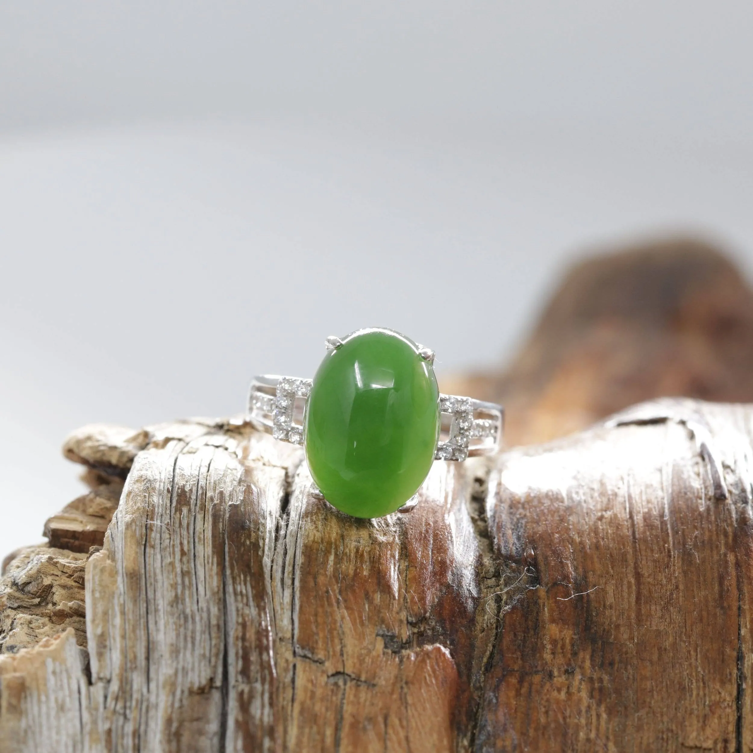 Baikalla™ "Classic Oval With Accents" Sterling Silver Real Green Nephrite Jade Classic Ring For Her