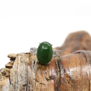 Baikalla™ "Classic Oval With Accents" Sterling Silver Real Green Nephrite Jade Classic Ring For Her
