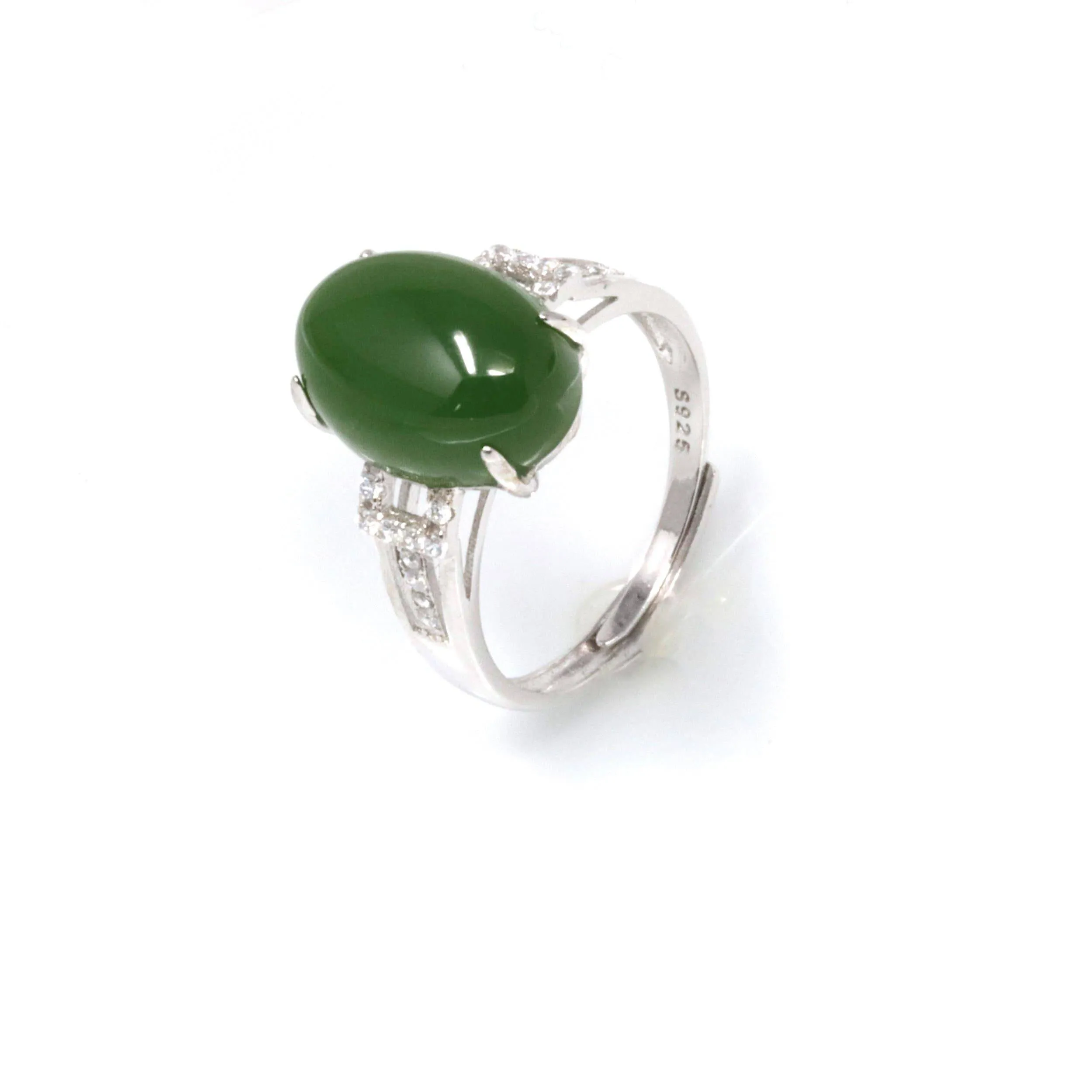 Baikalla™ "Classic Oval With Accents" Sterling Silver Real Green Nephrite Jade Classic Ring For Her