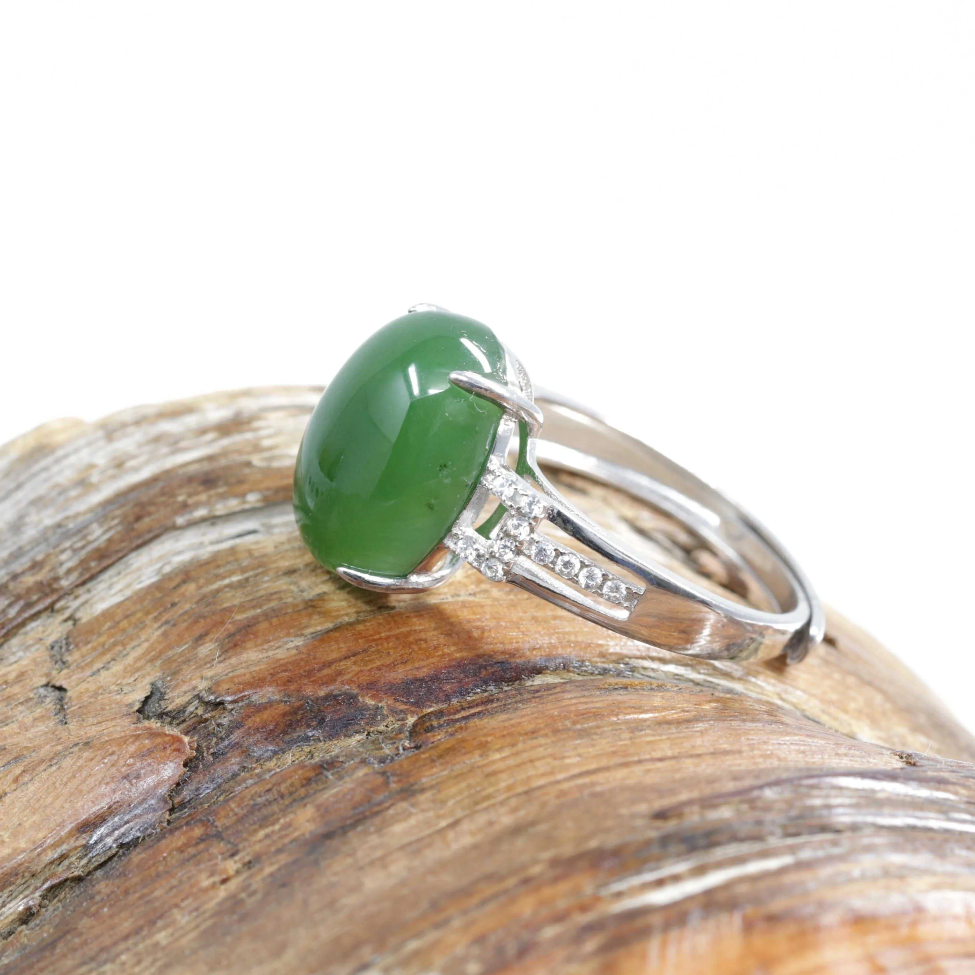Baikalla™ "Classic Oval With Accents" Sterling Silver Real Green Nephrite Jade Classic Ring For Her