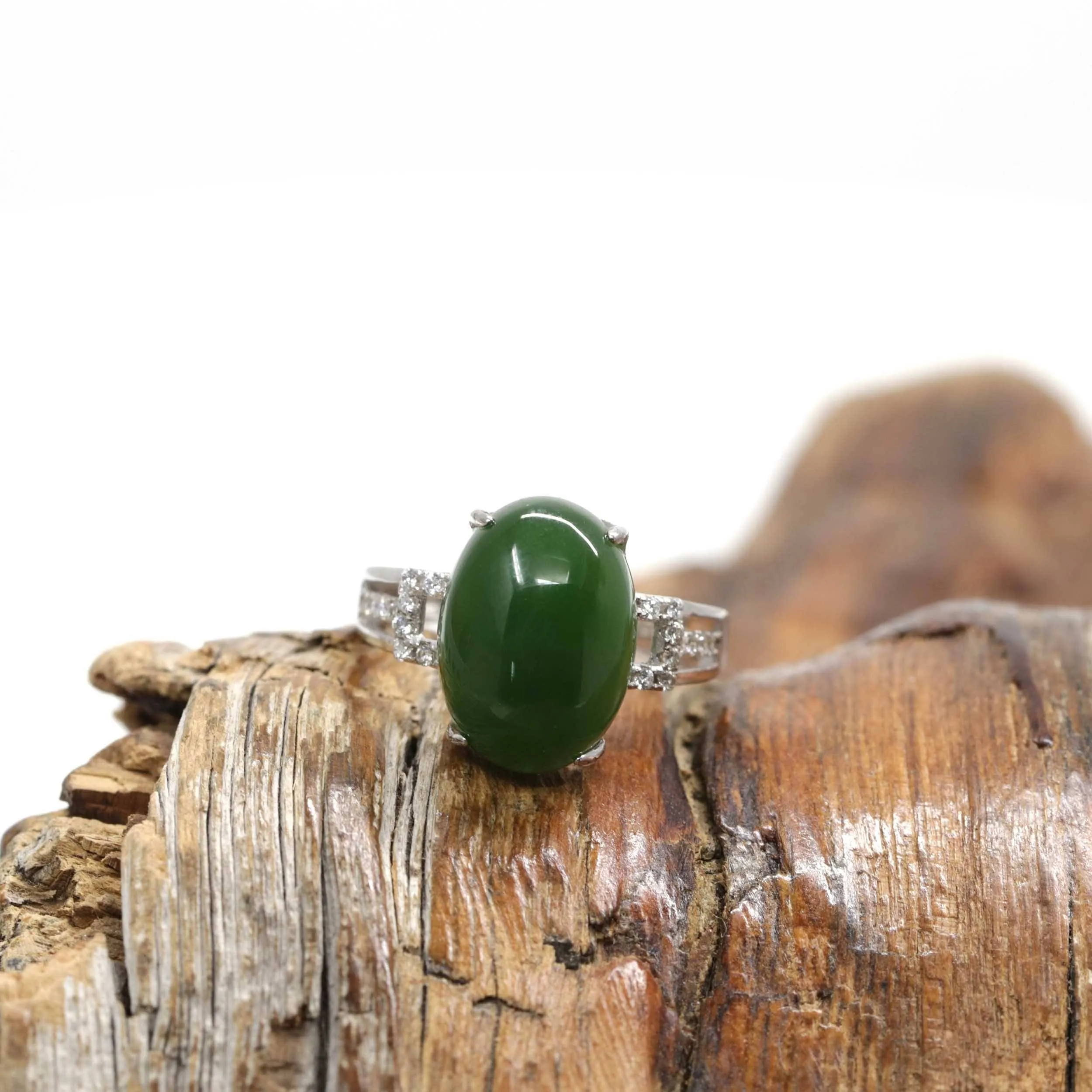 Baikalla™ "Classic Oval With Accents" Sterling Silver Real Green Nephrite Jade Classic Ring For Her
