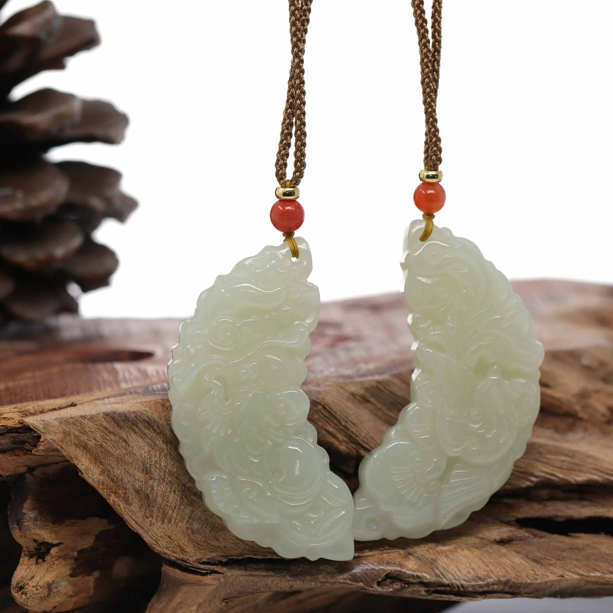Baikalla™ "Dragon & Phoenix" Genuine HeTian White Nephrite Jade Pendant Necklace
