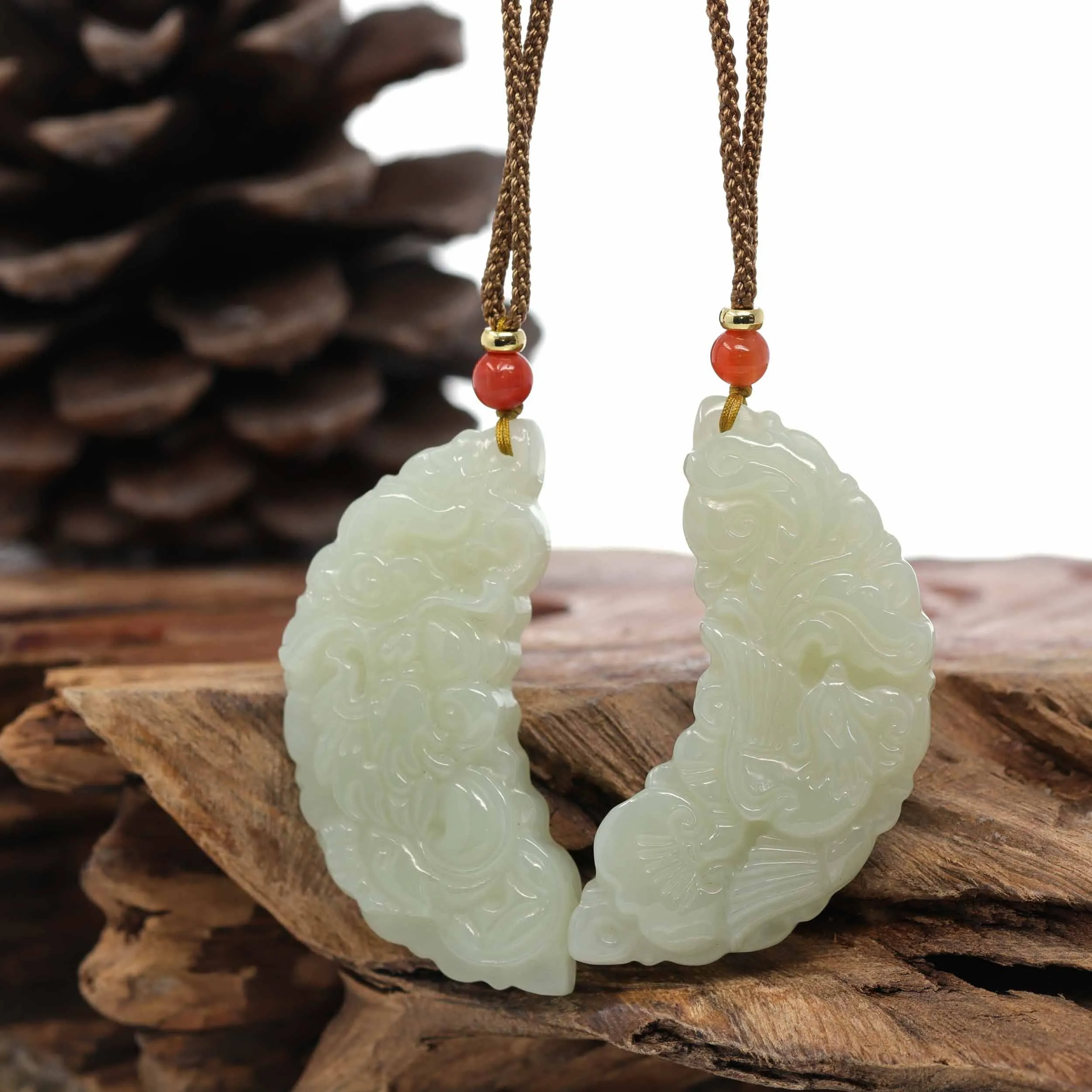 Baikalla™ "Dragon & Phoenix" Genuine HeTian White Nephrite Jade Pendant Necklace