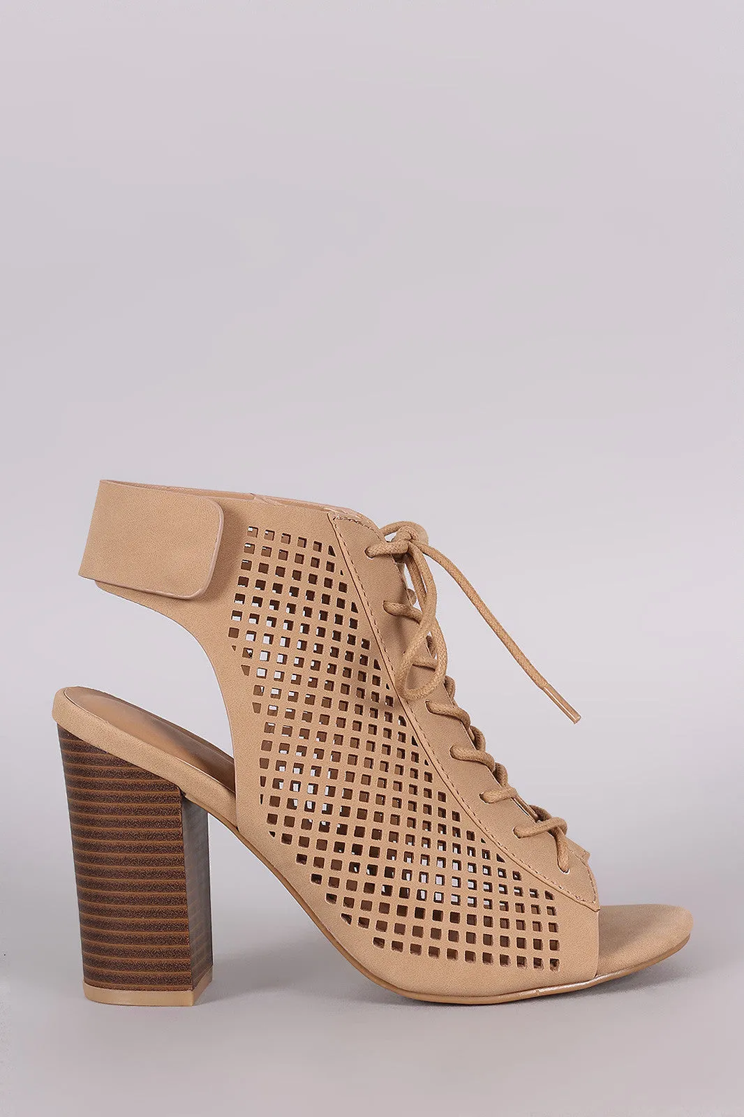 Bamboo Perforated Nubuck Lace Up Chunky Heeled Mule Booties