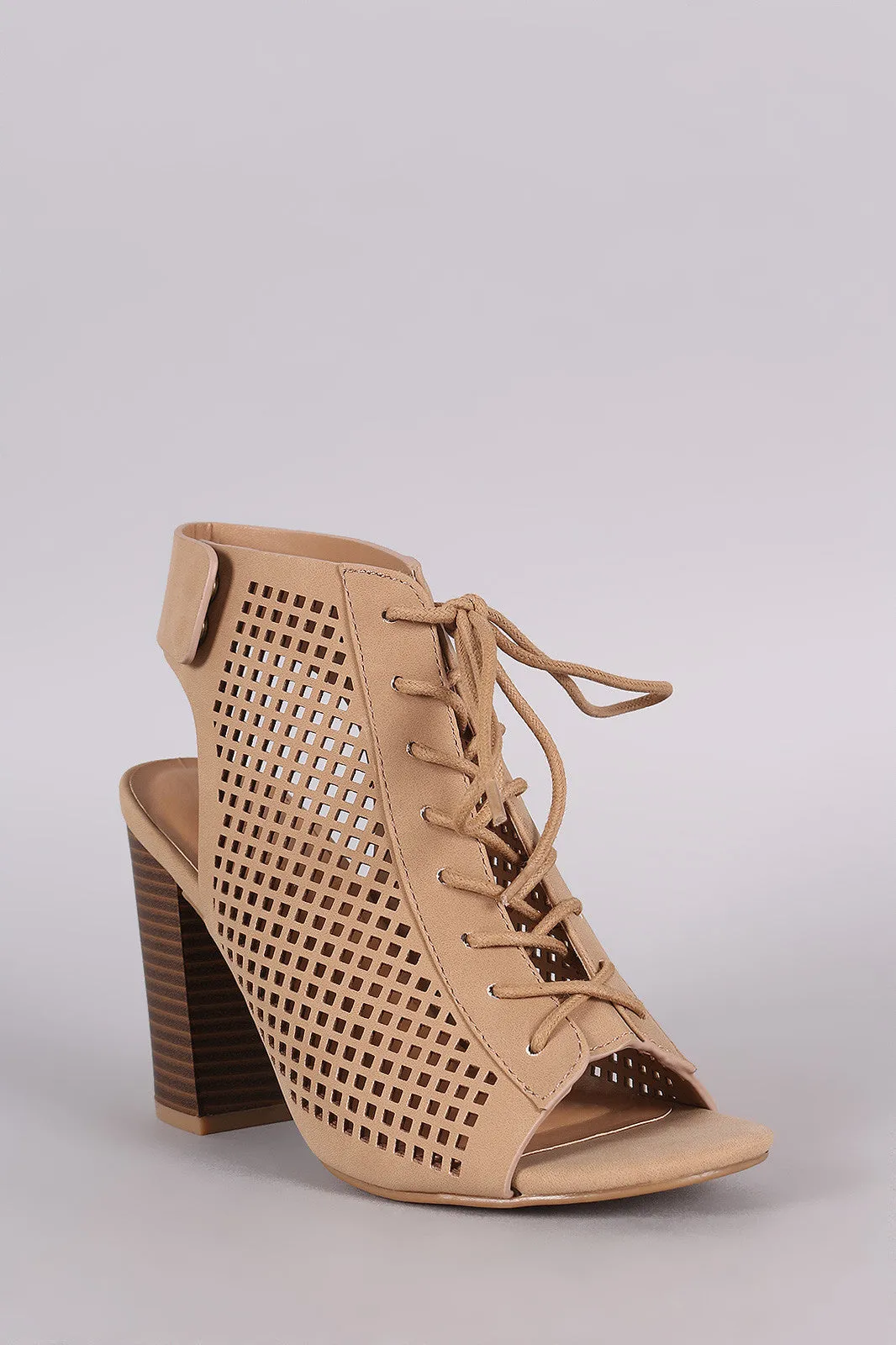 Bamboo Perforated Nubuck Lace Up Chunky Heeled Mule Booties