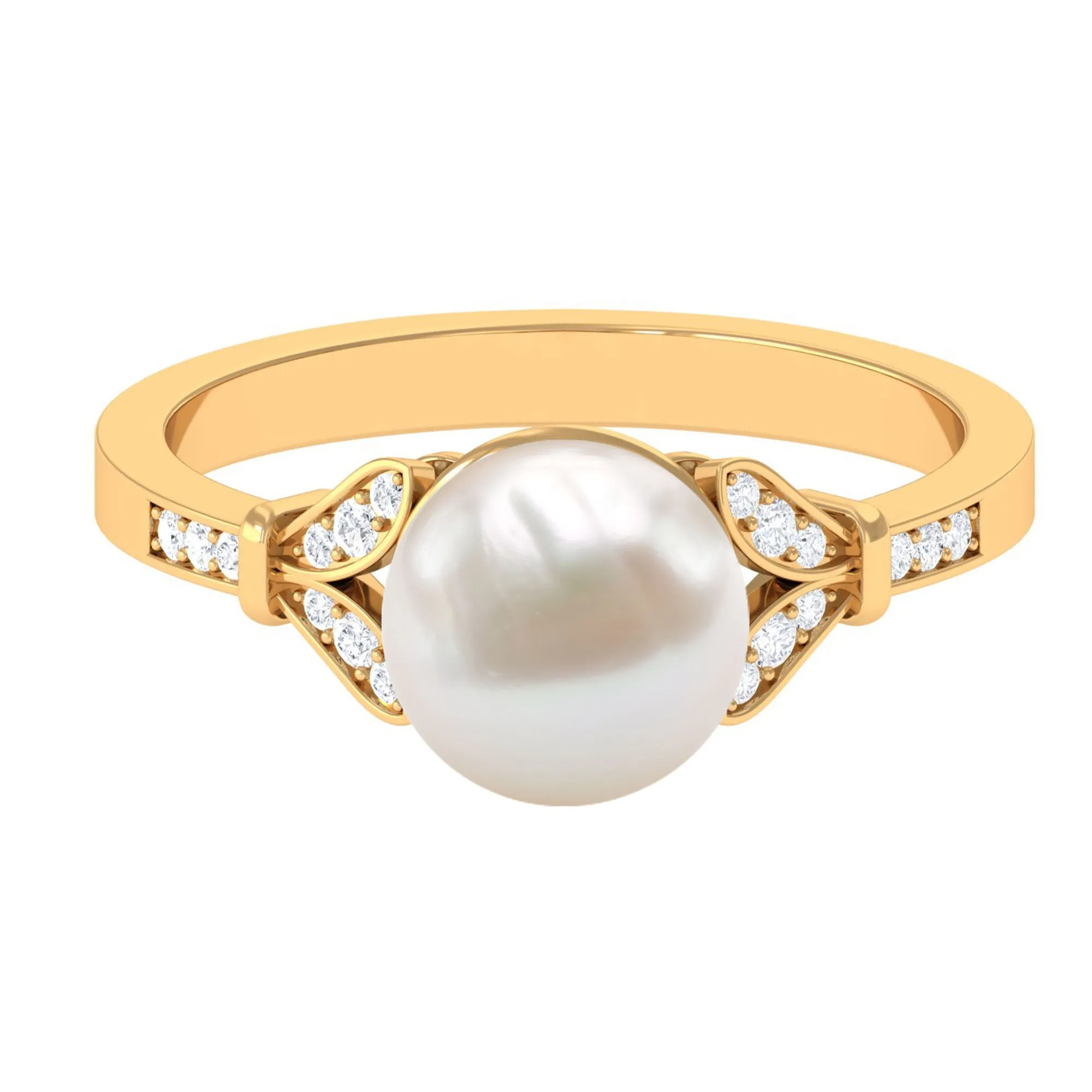 Bead Set Freshwater Pearl Solitaire Split Shank Ring with Diamond