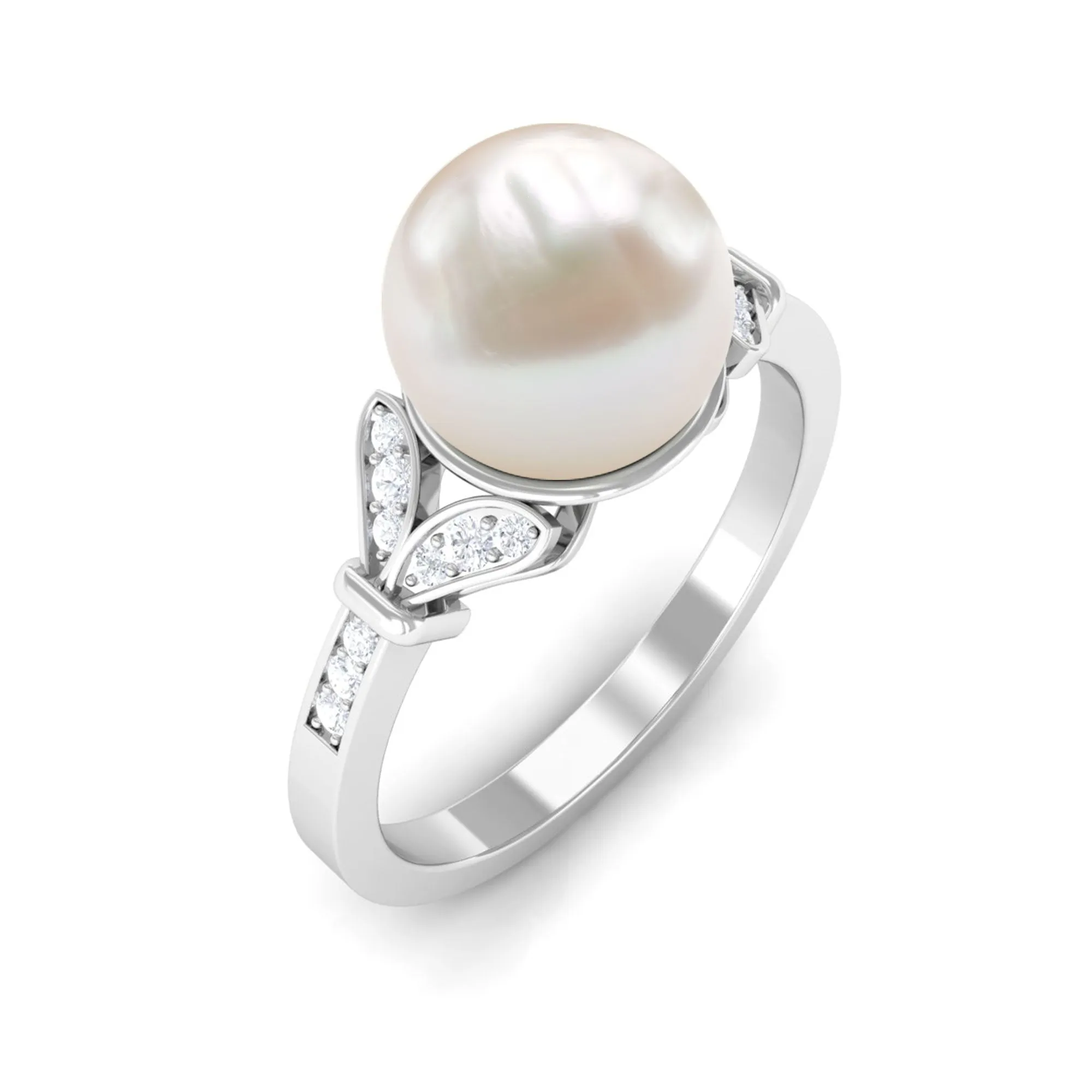 Bead Set Freshwater Pearl Solitaire Split Shank Ring with Diamond