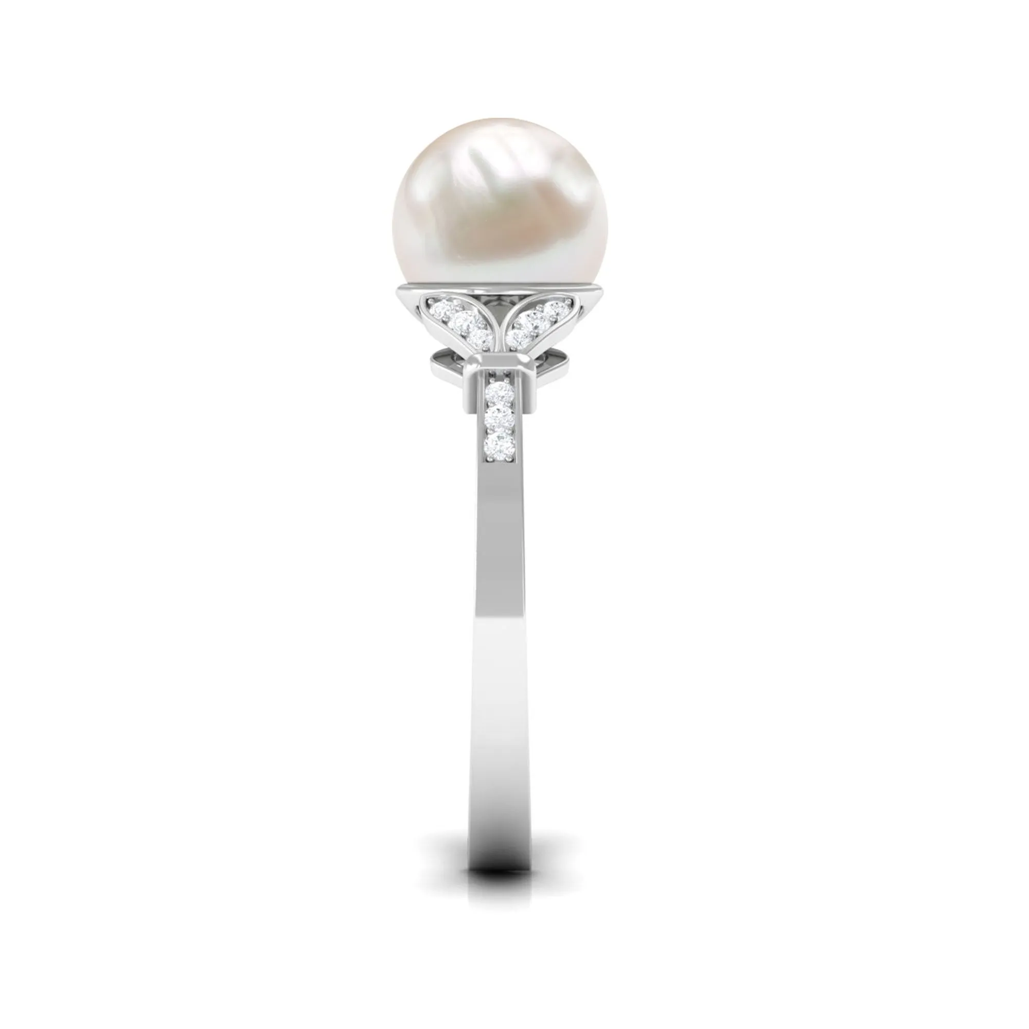 Bead Set Freshwater Pearl Solitaire Split Shank Ring with Diamond