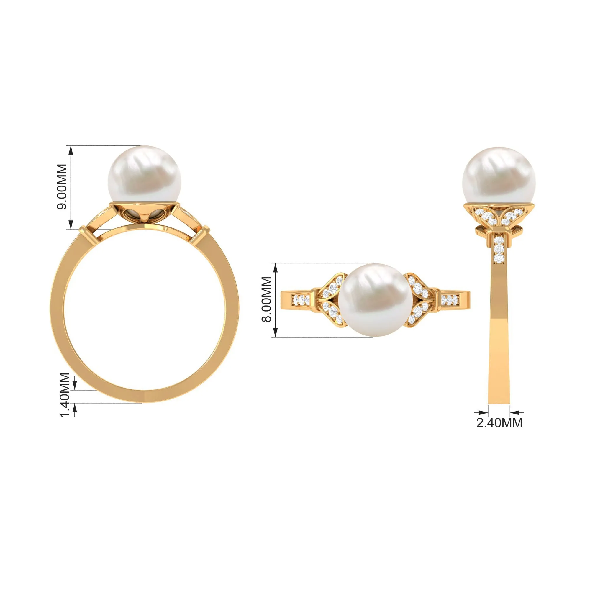 Bead Set Freshwater Pearl Solitaire Split Shank Ring with Diamond