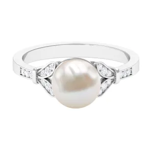 Bead Set Freshwater Pearl Solitaire Split Shank Ring with Diamond