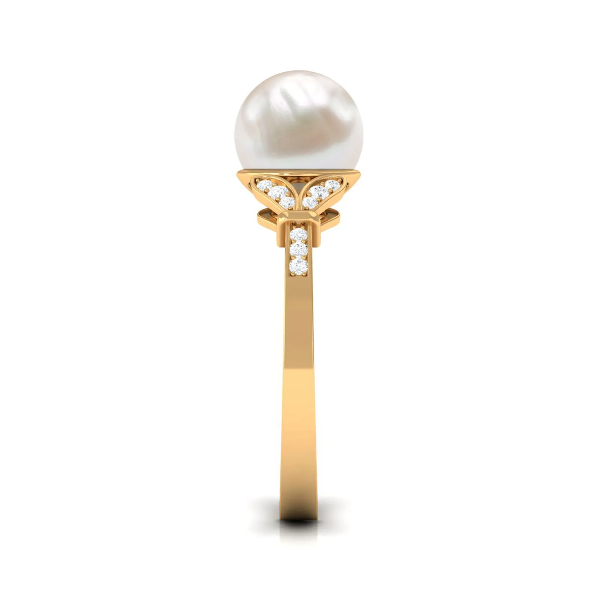 Bead Set Freshwater Pearl Solitaire Split Shank Ring with Diamond