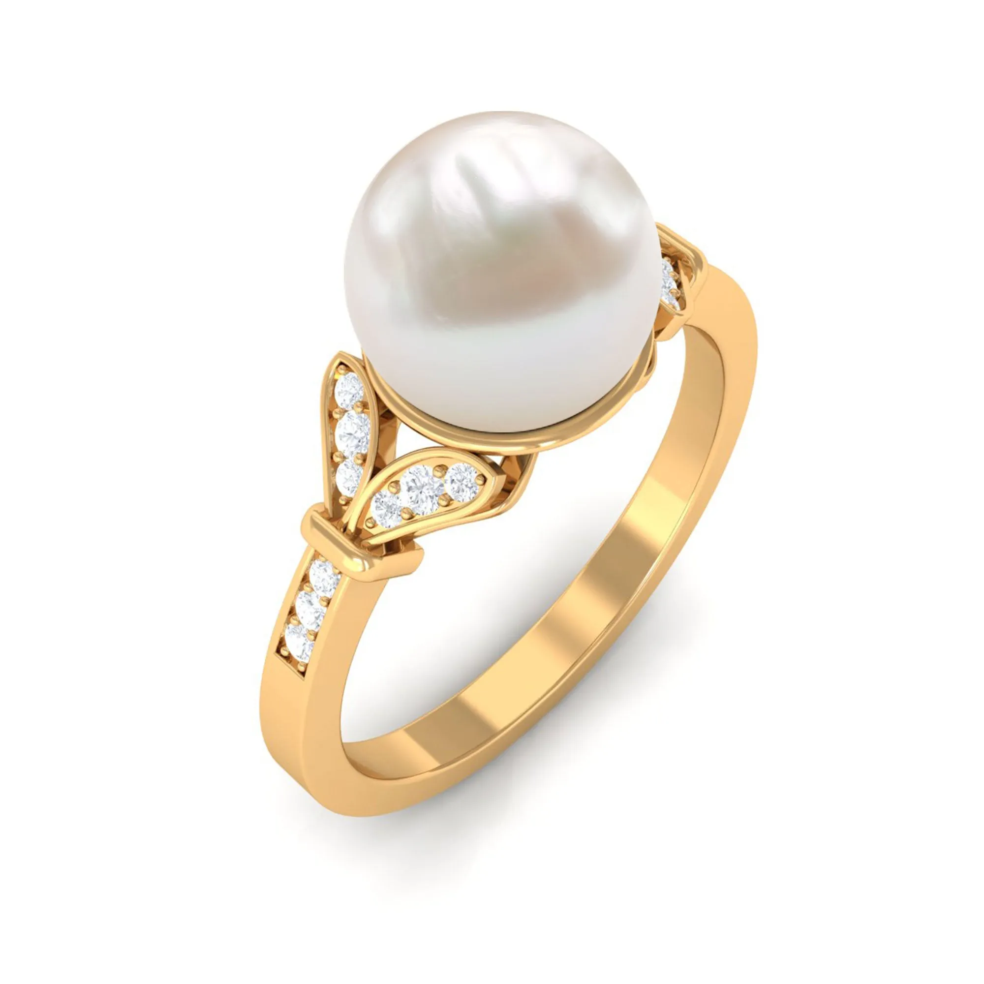 Bead Set Freshwater Pearl Solitaire Split Shank Ring with Diamond