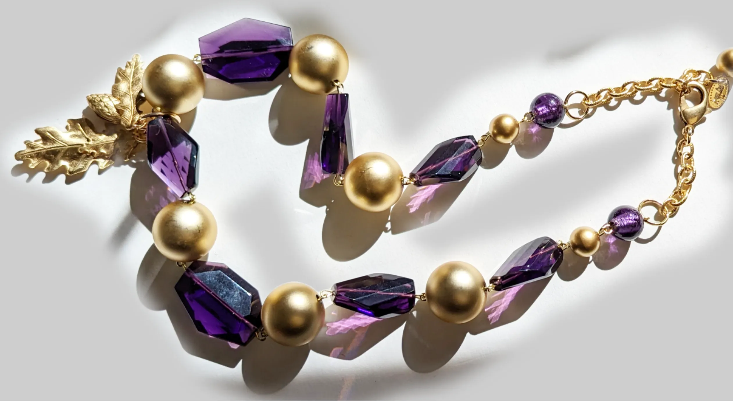 Beautiful Amethyst Purple   Gold Ball Necklace Brass Leaves Gay Isber one of a kind USA Made