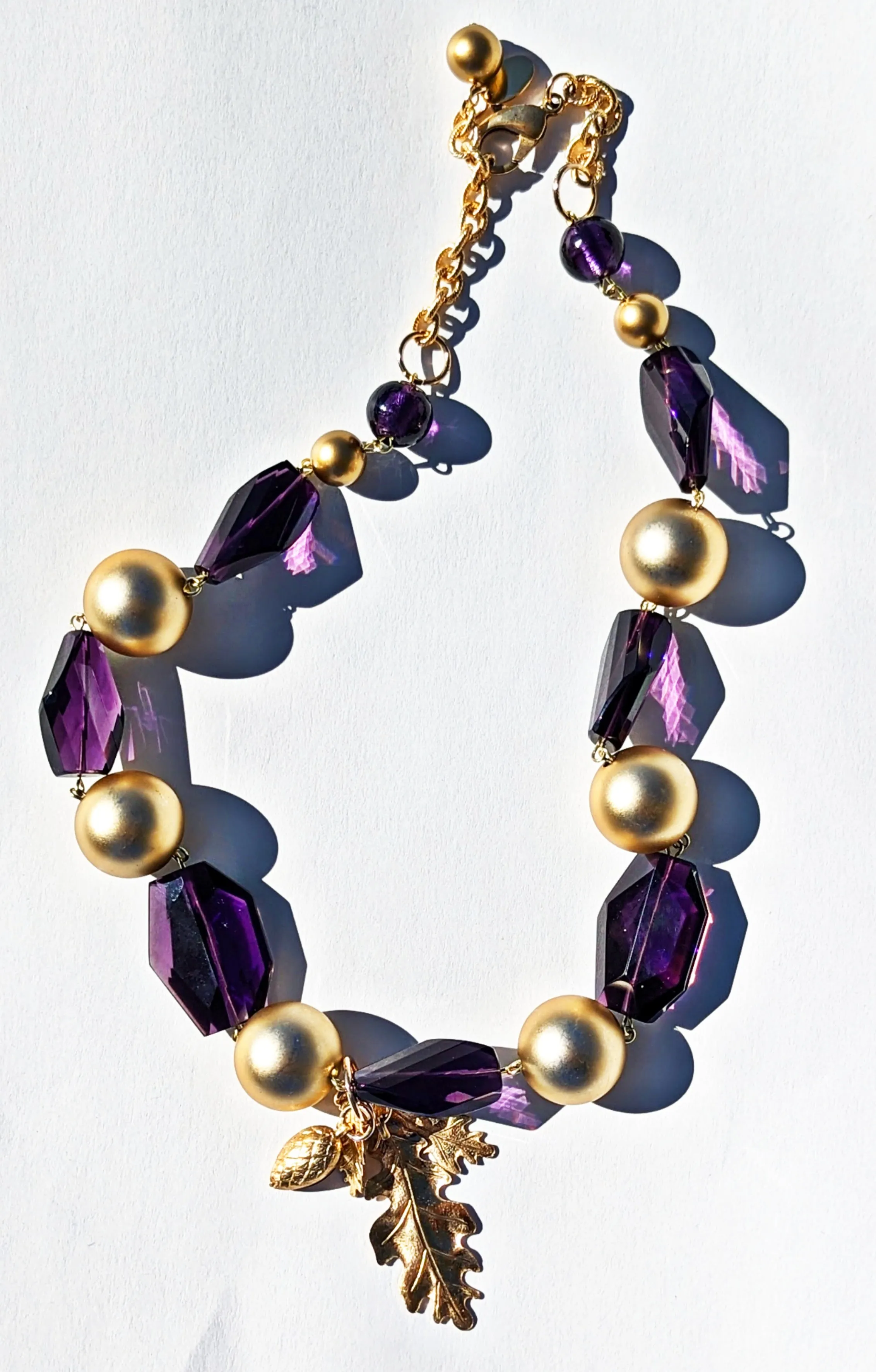 Beautiful Amethyst Purple   Gold Ball Necklace Brass Leaves Gay Isber one of a kind USA Made