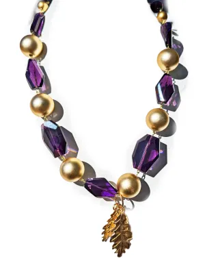 Beautiful Amethyst Purple   Gold Ball Necklace Brass Leaves Gay Isber one of a kind USA Made