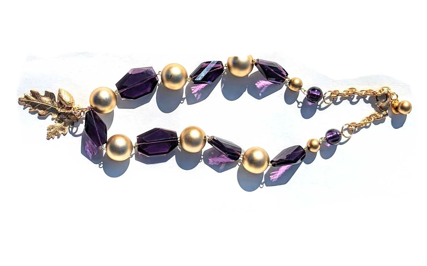 Beautiful Amethyst Purple   Gold Ball Necklace Brass Leaves Gay Isber one of a kind USA Made