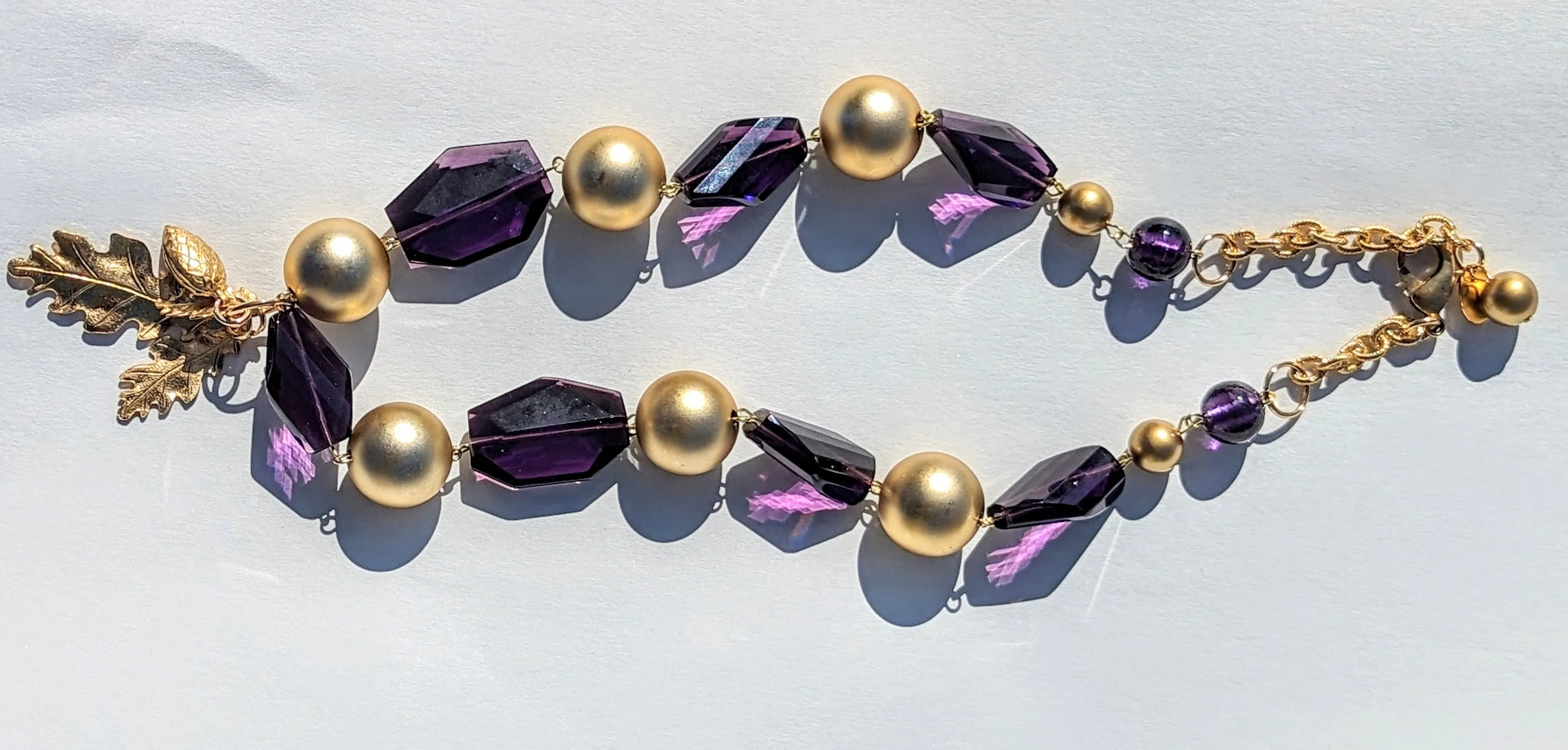 Beautiful Amethyst Purple   Gold Ball Necklace Brass Leaves Gay Isber one of a kind USA Made