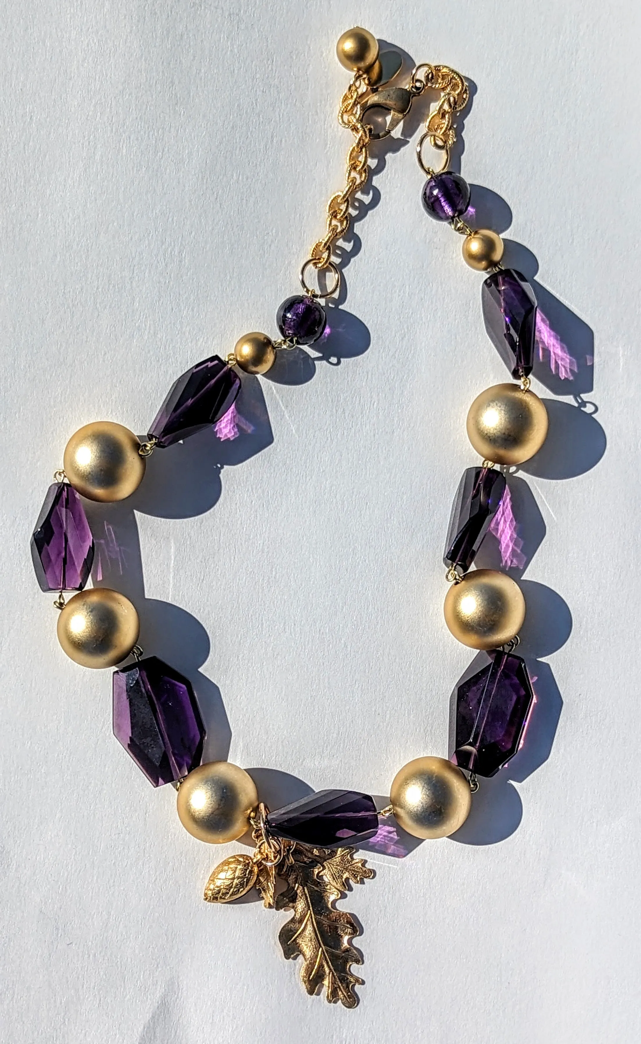 Beautiful Amethyst Purple   Gold Ball Necklace Brass Leaves Gay Isber one of a kind USA Made