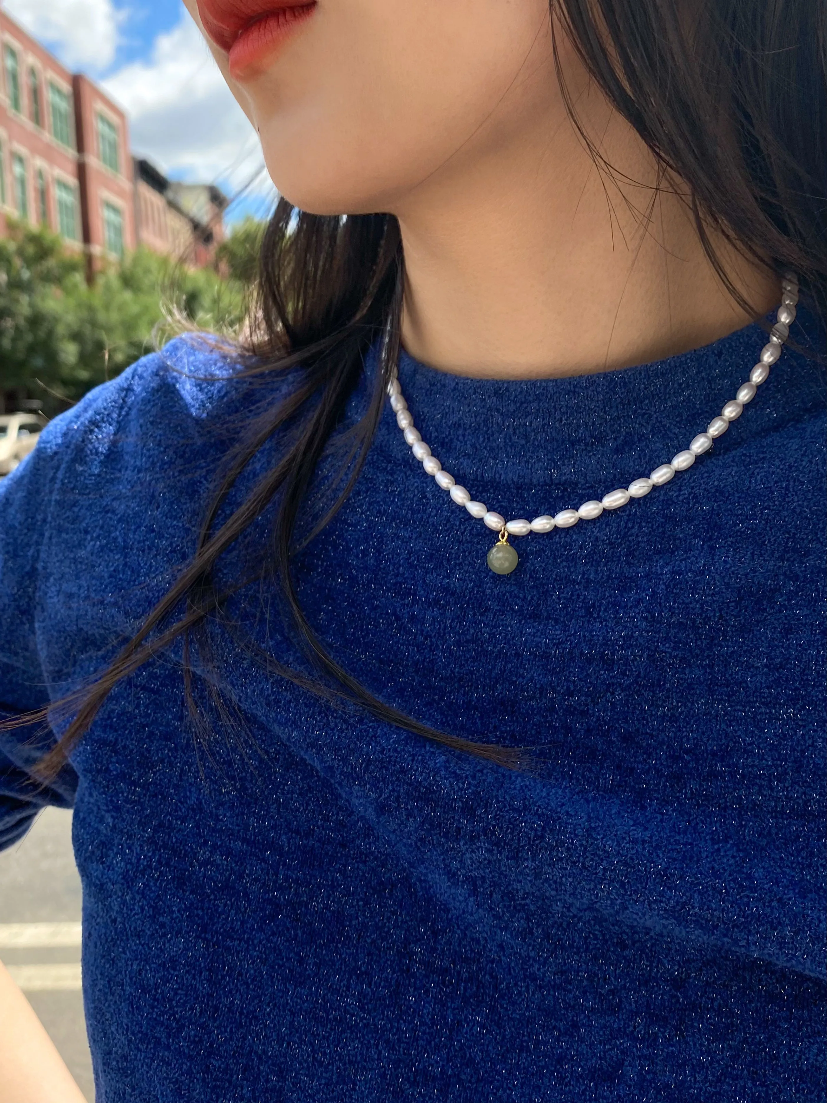 Belle — Pearl and green jade choker